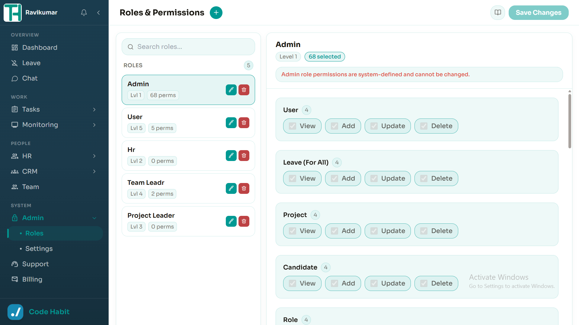 TrackHabit admin role and permissions management screen