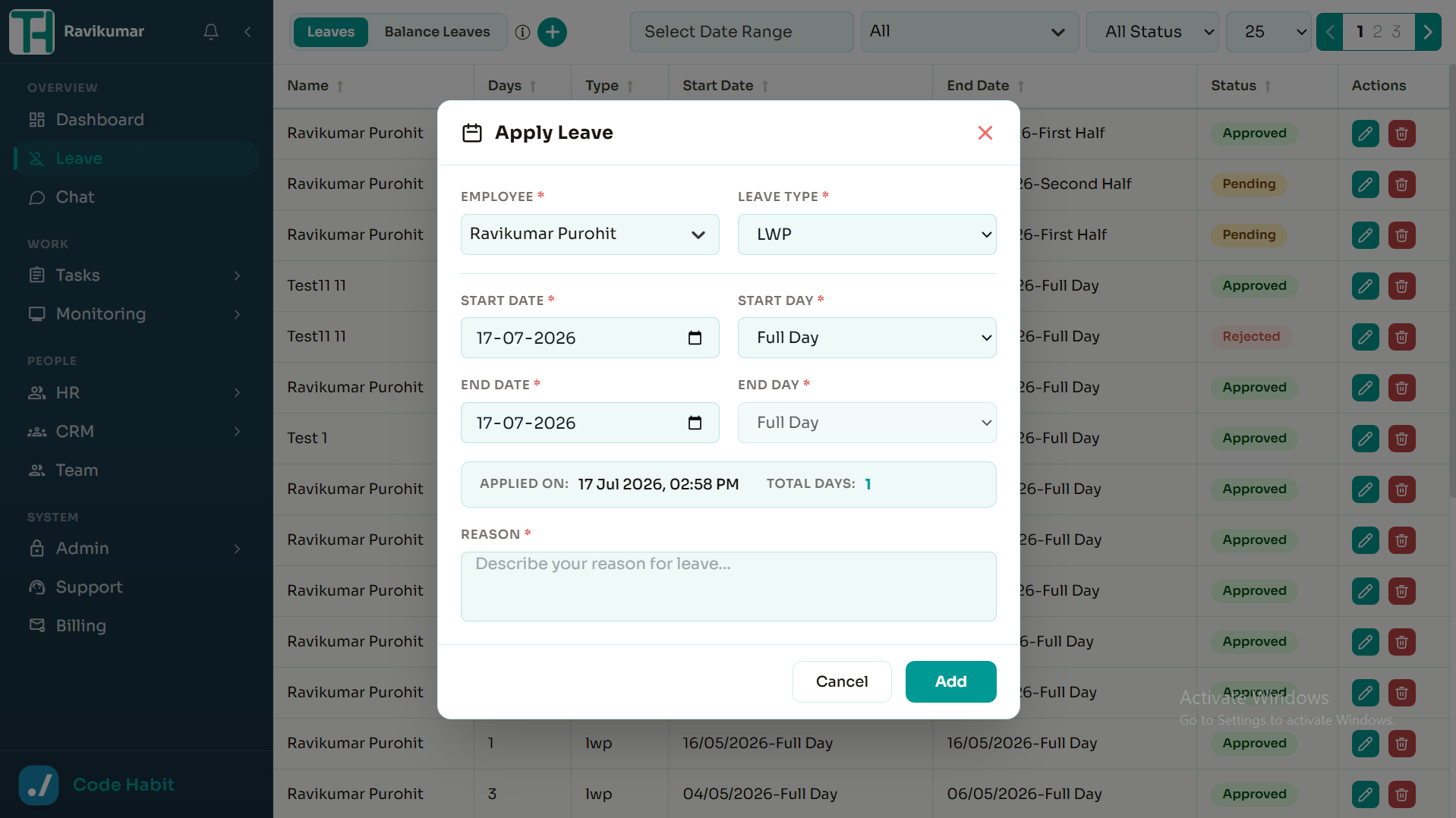 TrackHabit apply leave form