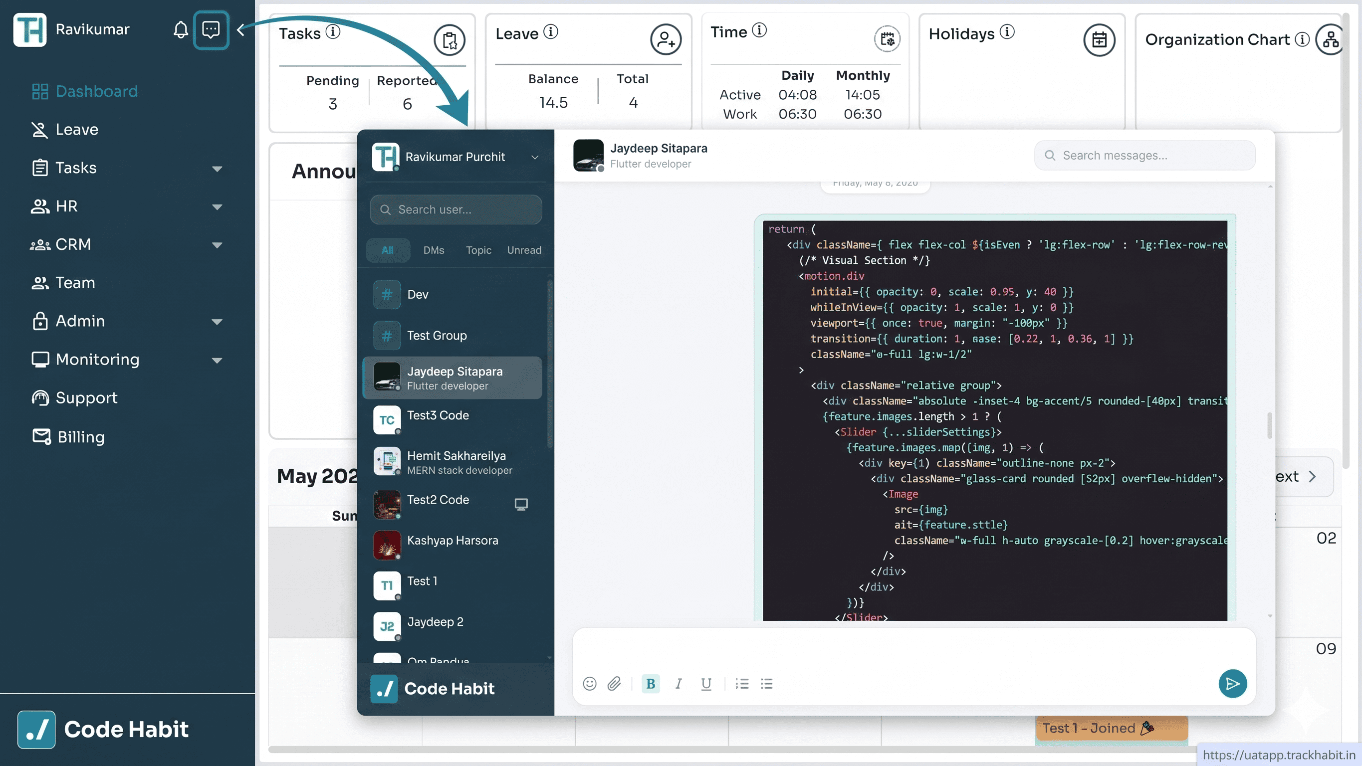 TrackHabit team chat with file sharing