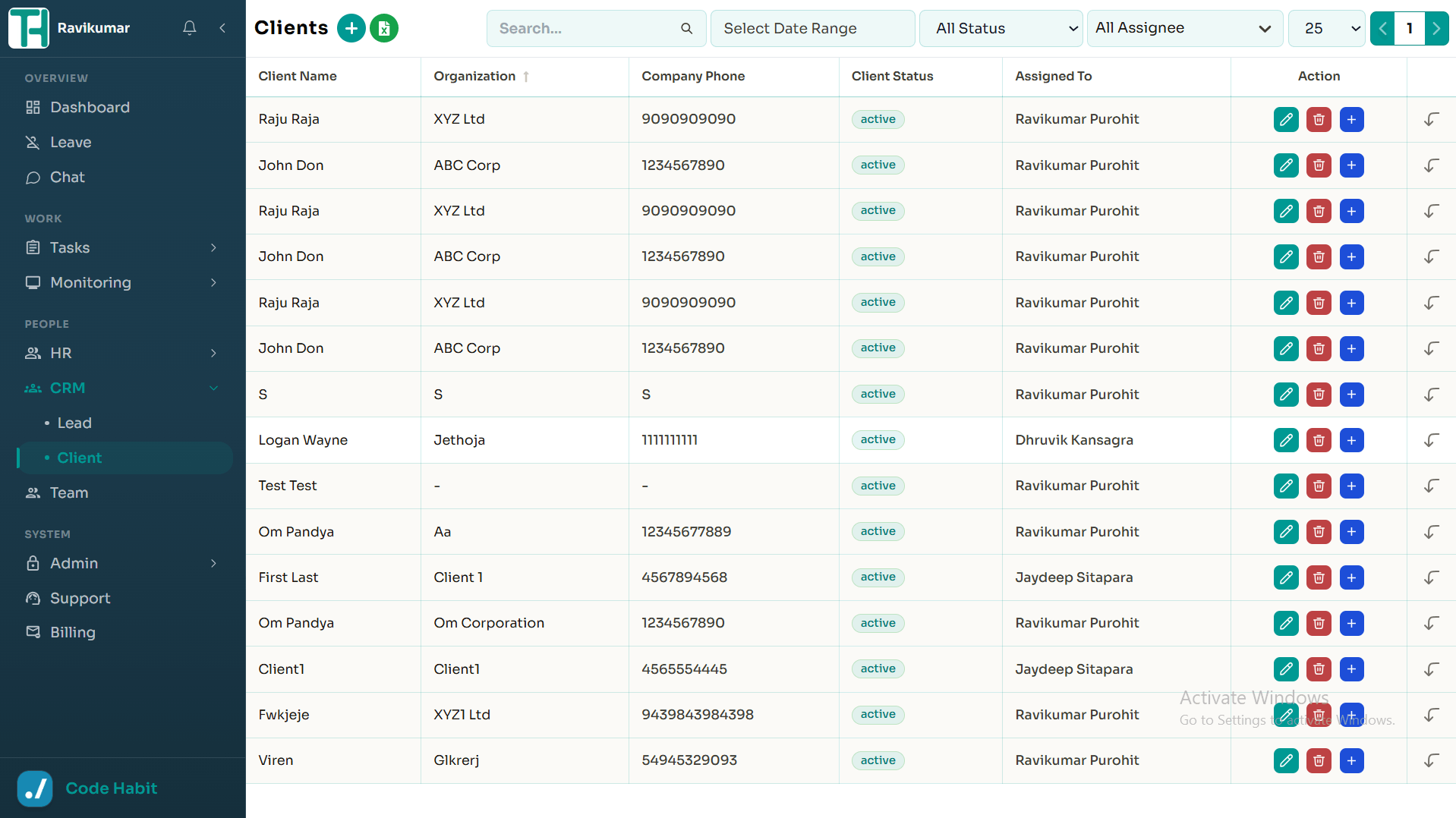 TrackHabit CRM client management screen