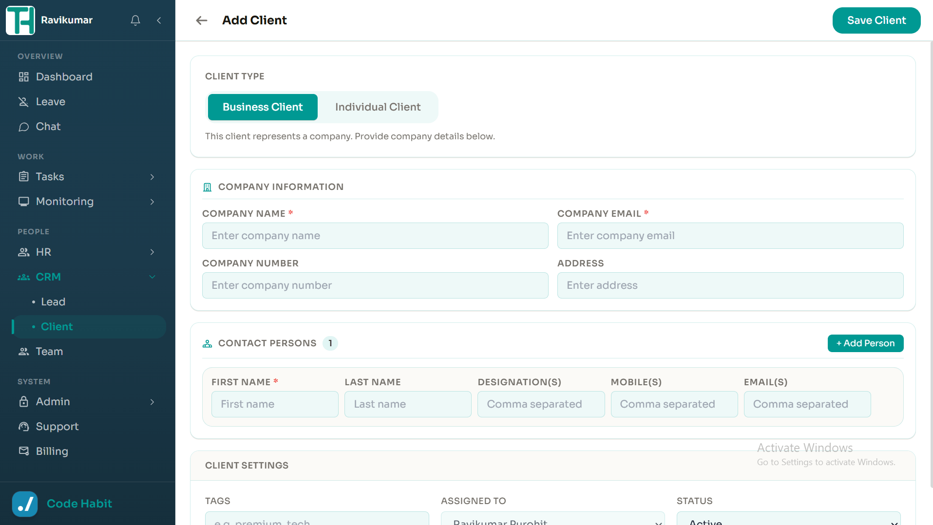 TrackHabit add new client form