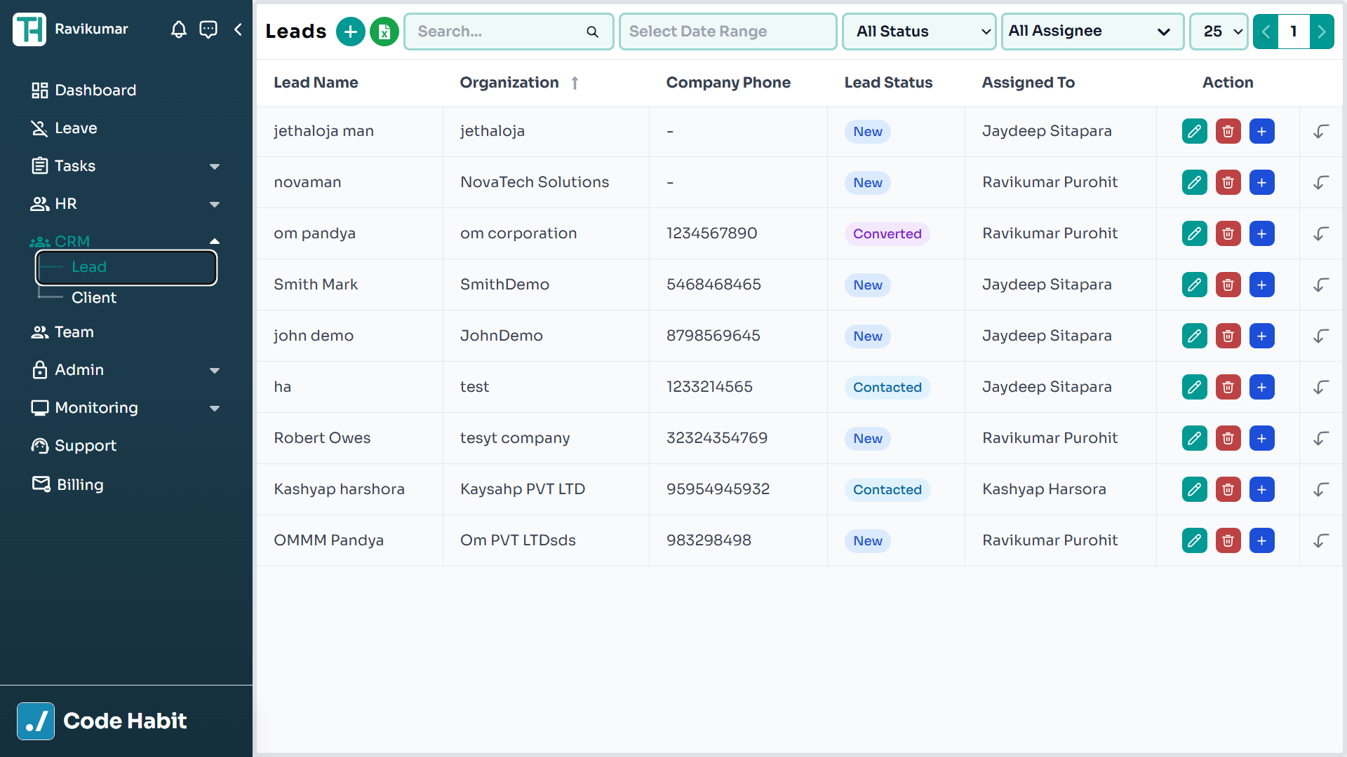 TrackHabit CRM lead list and pipeline view