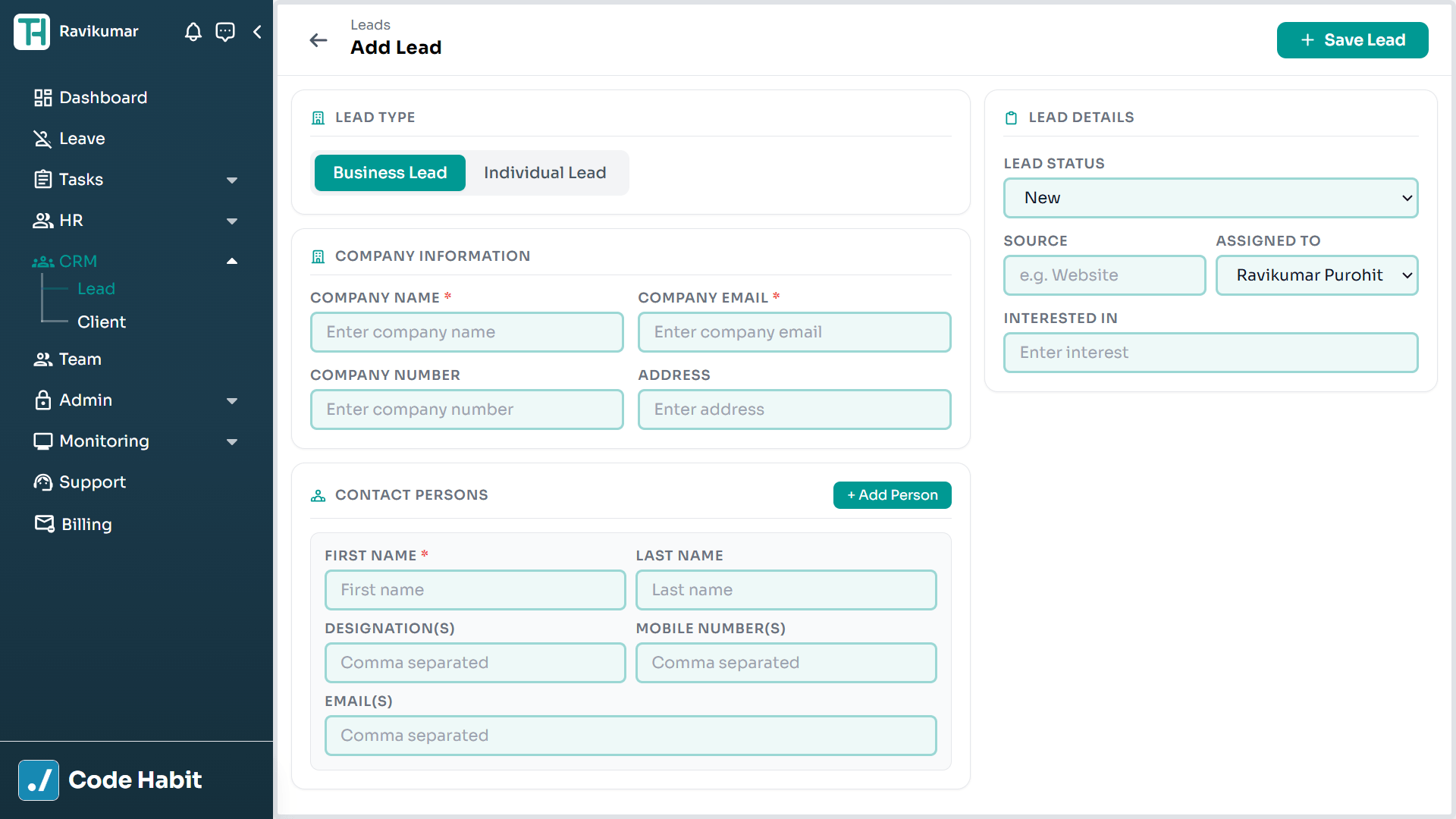 TrackHabit add new lead form