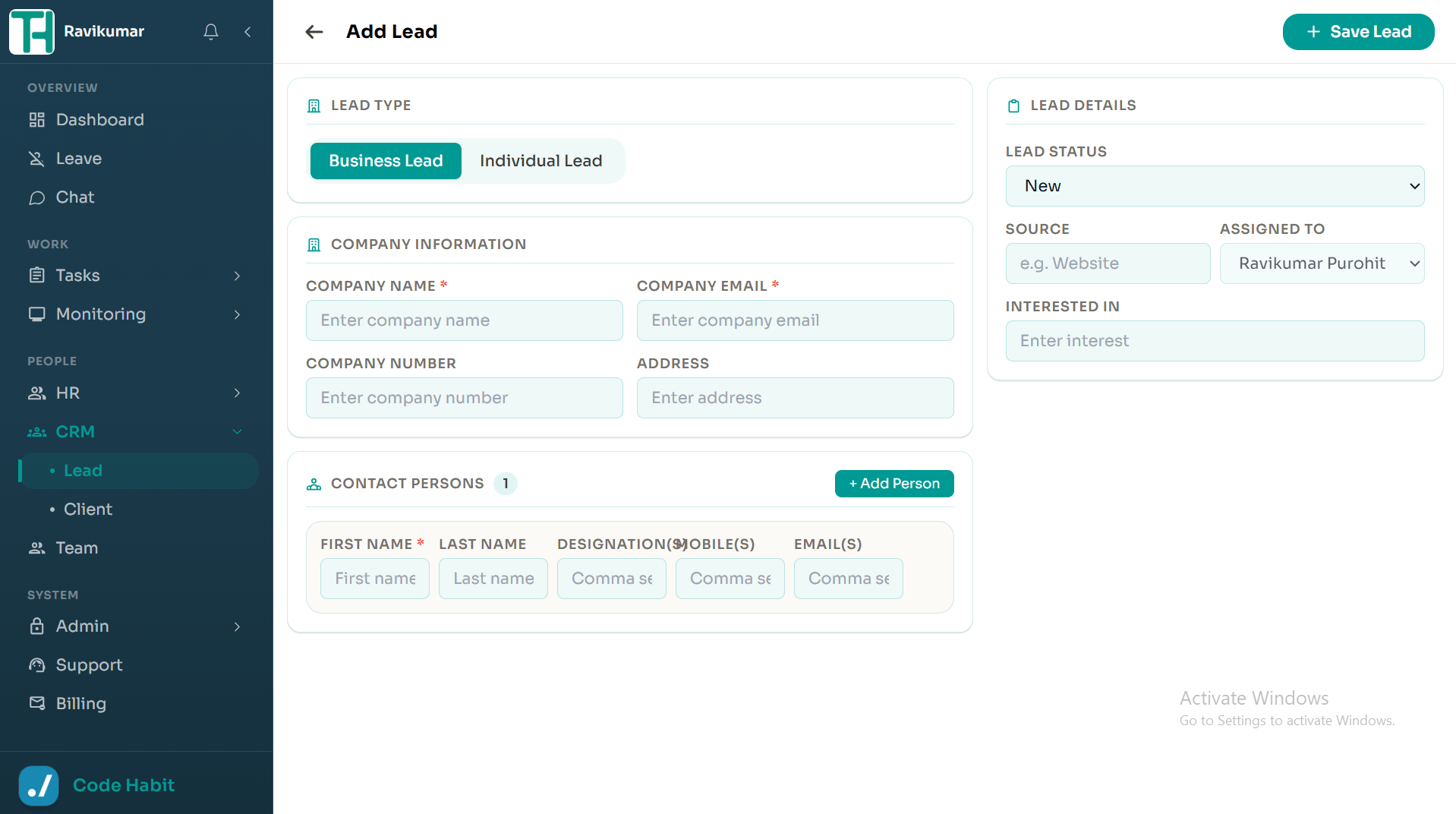 TrackHabit add new lead form