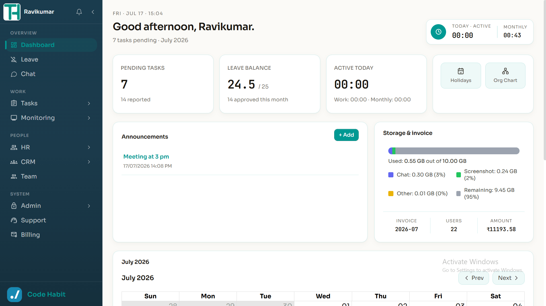 TrackHabit dashboard overview with tasks and leave summary