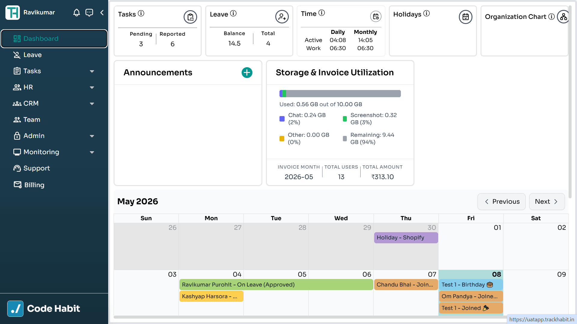 TrackHabit dashboard overview with tasks and leave summary