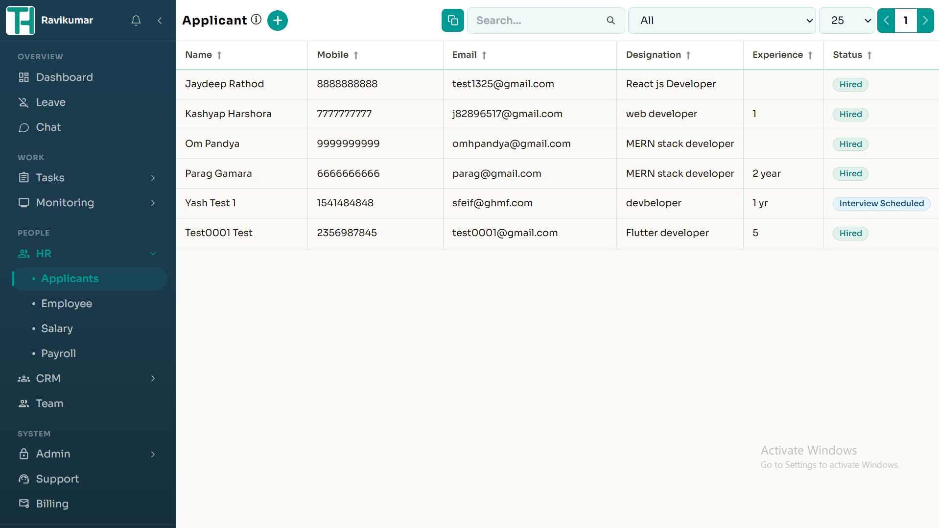 TrackHabit HR applicant management screen
