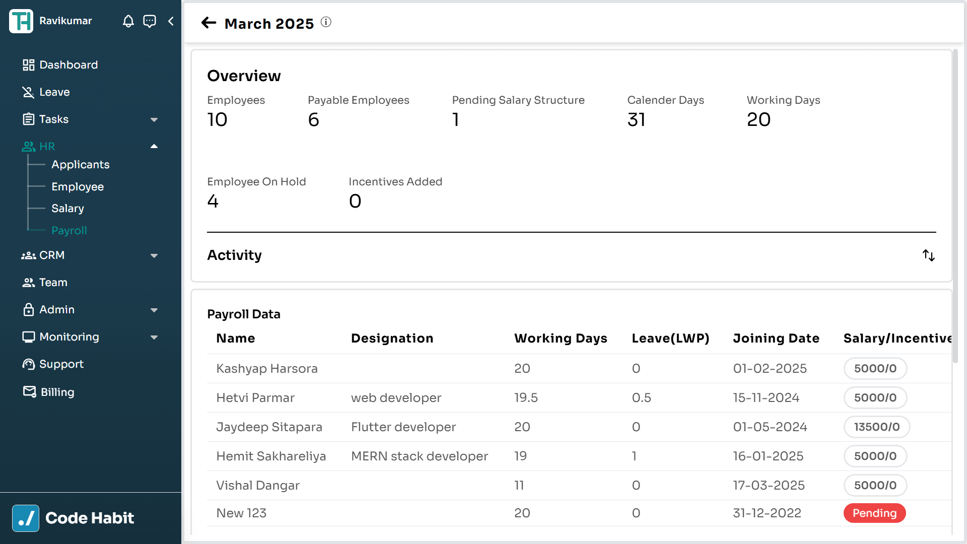 TrackHabit payroll processing screen