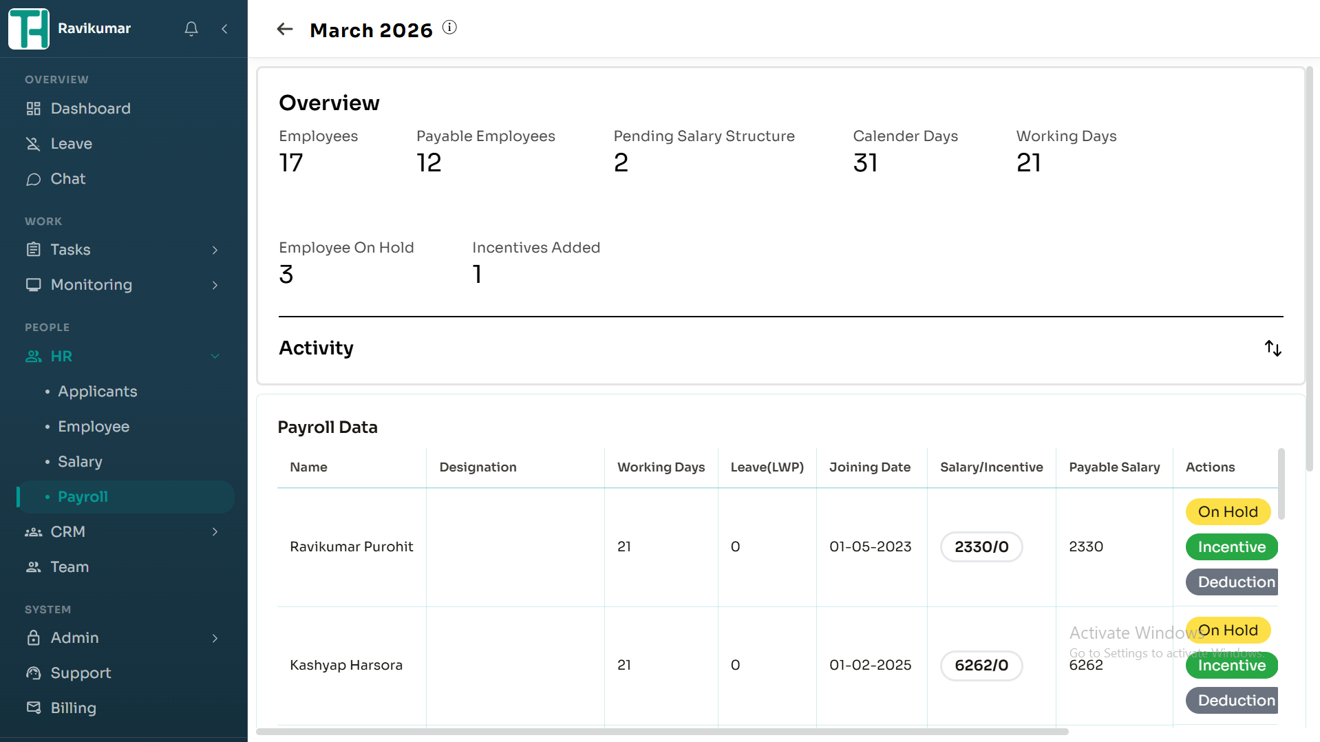 TrackHabit payroll processing screen