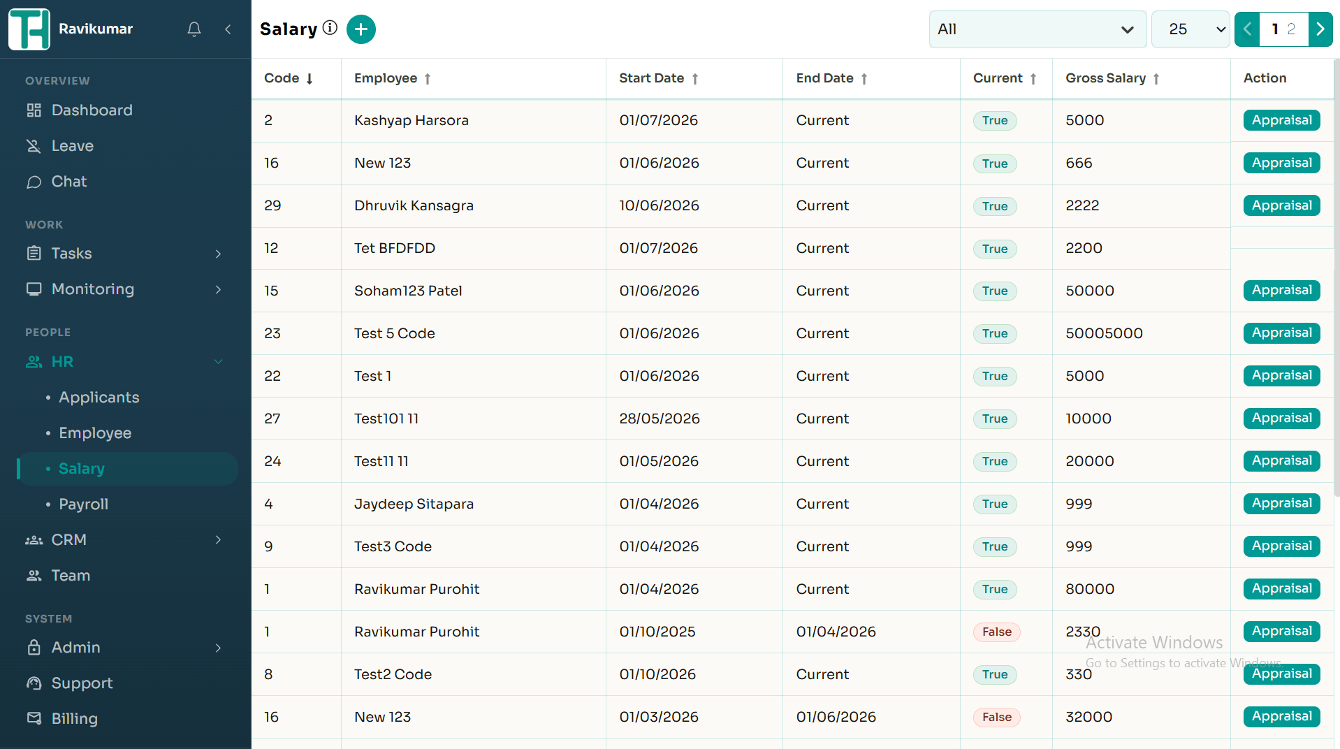 TrackHabit salary management screen