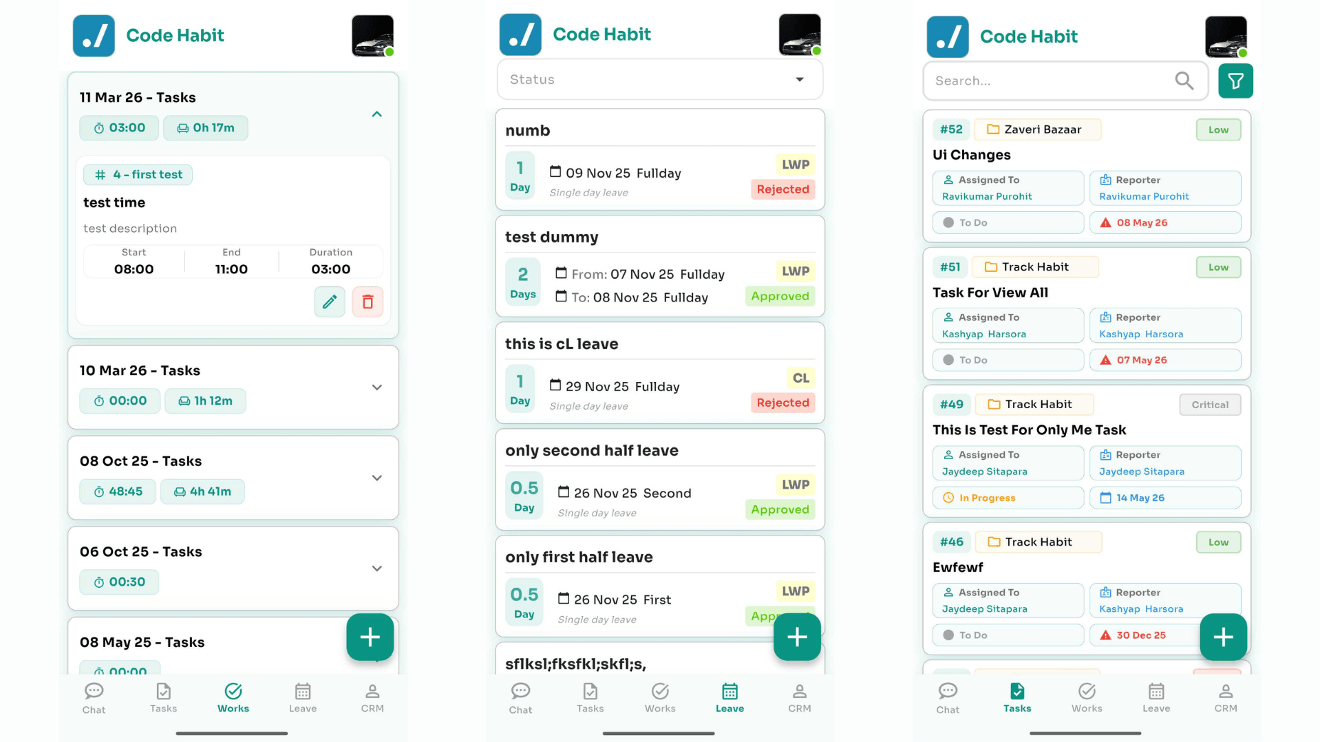 TrackHabit mobile app task management screen