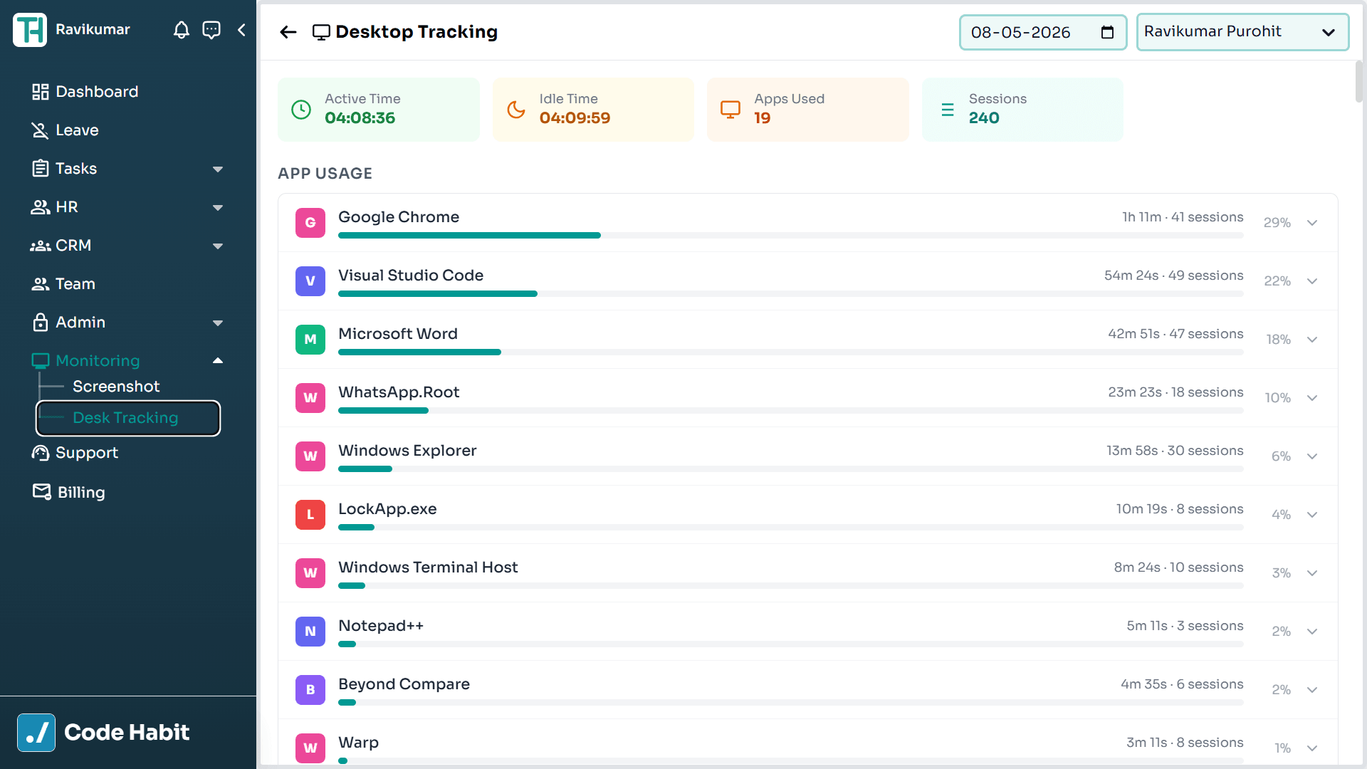 TrackHabit desktop user activity and time tracking screen