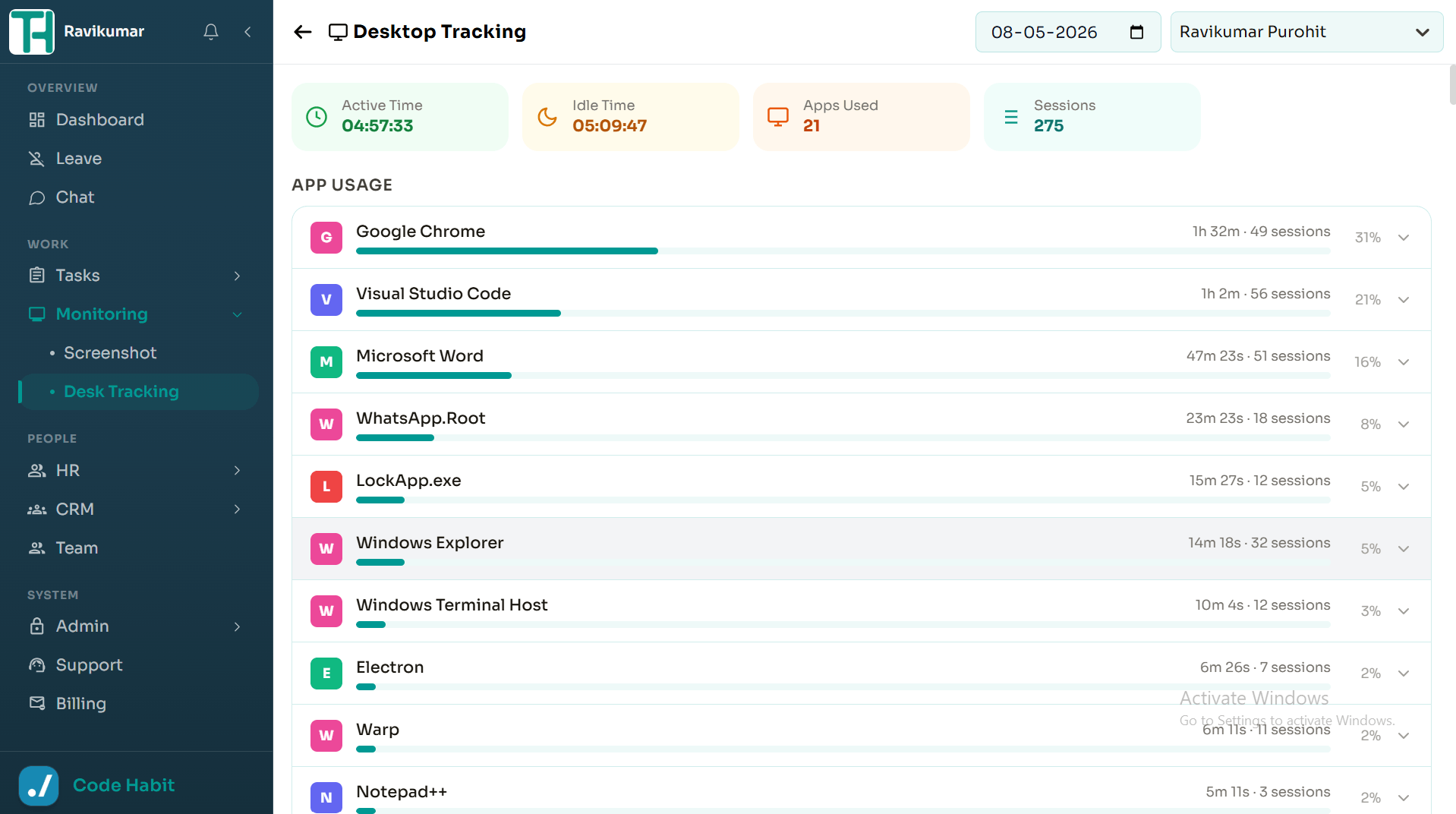 TrackHabit desktop user activity and time tracking screen