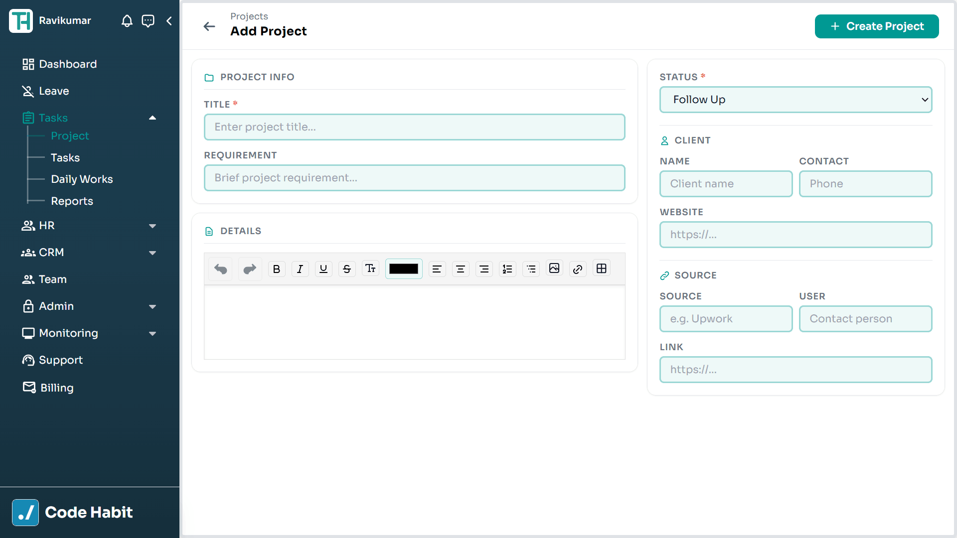 TrackHabit add new project form