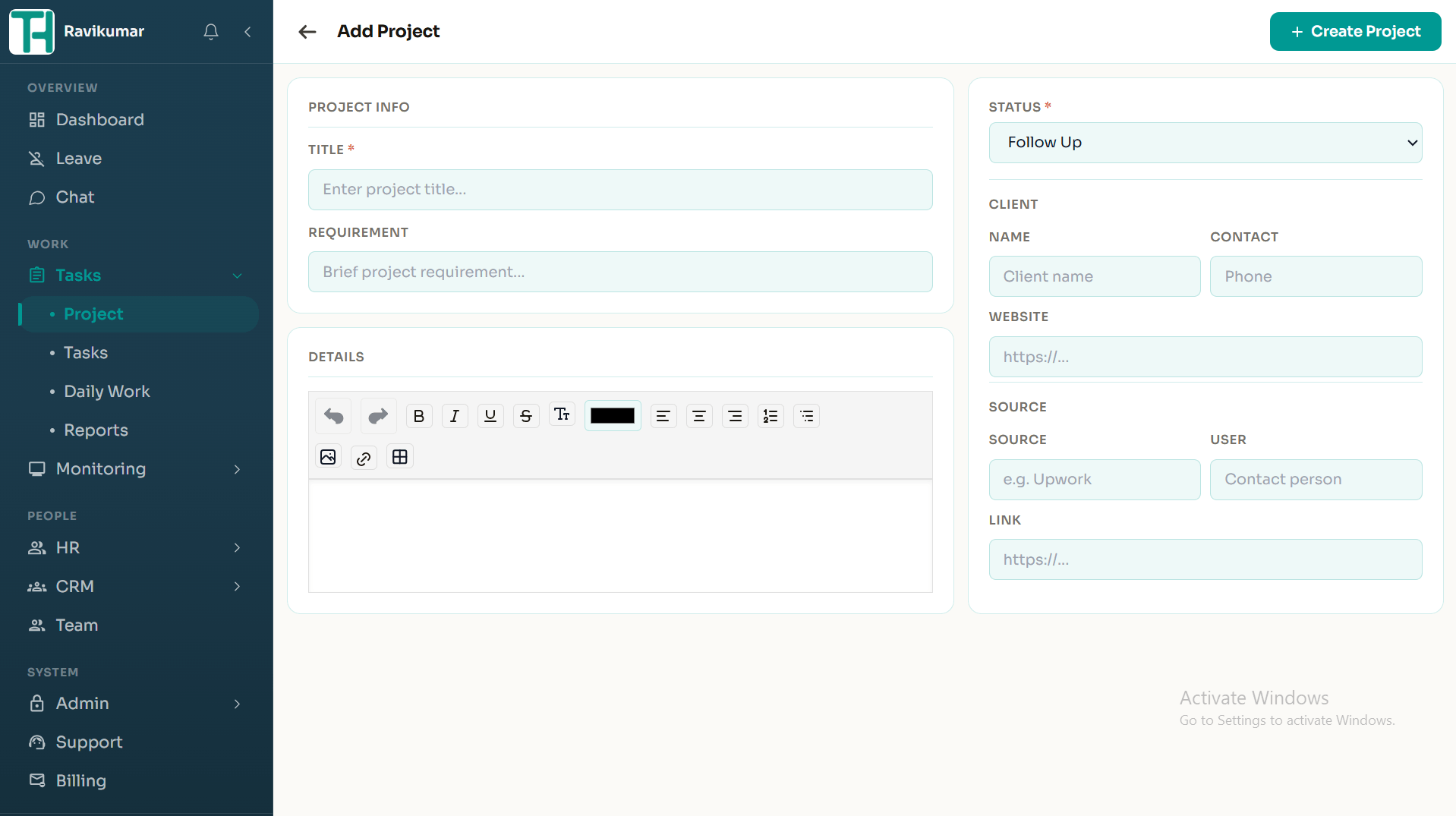 TrackHabit add new project form