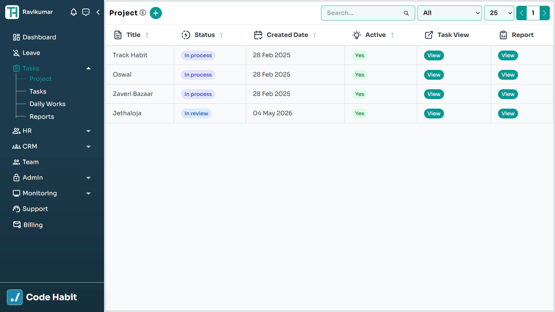 TrackHabit project list view