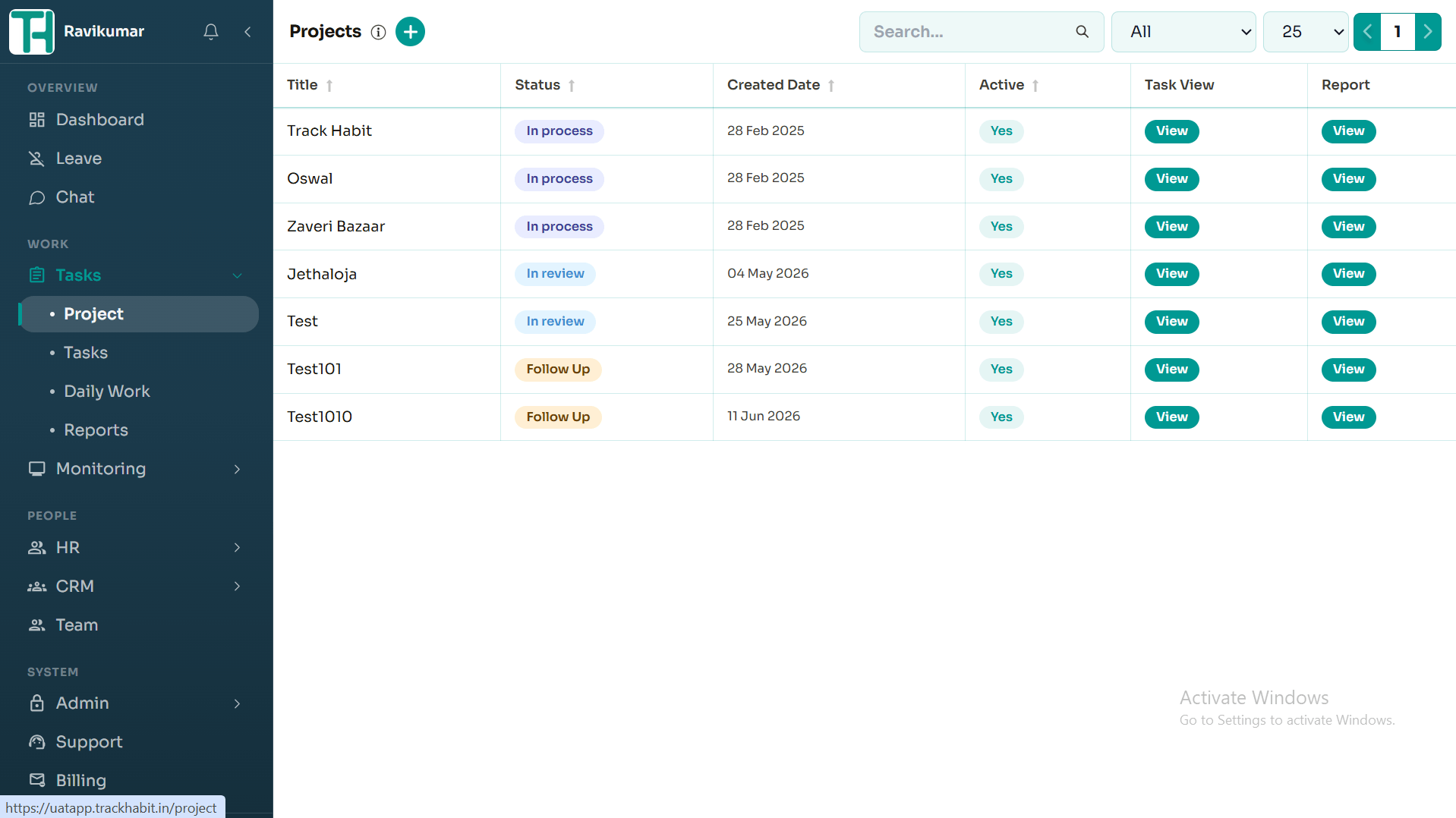 TrackHabit project list view