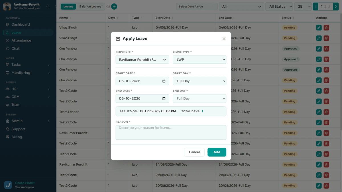 TrackHabit apply leave form