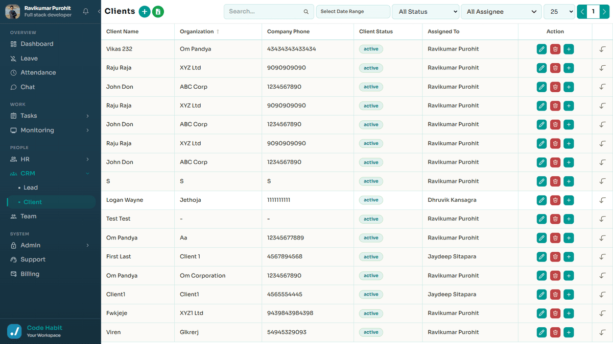 TrackHabit CRM client management screen