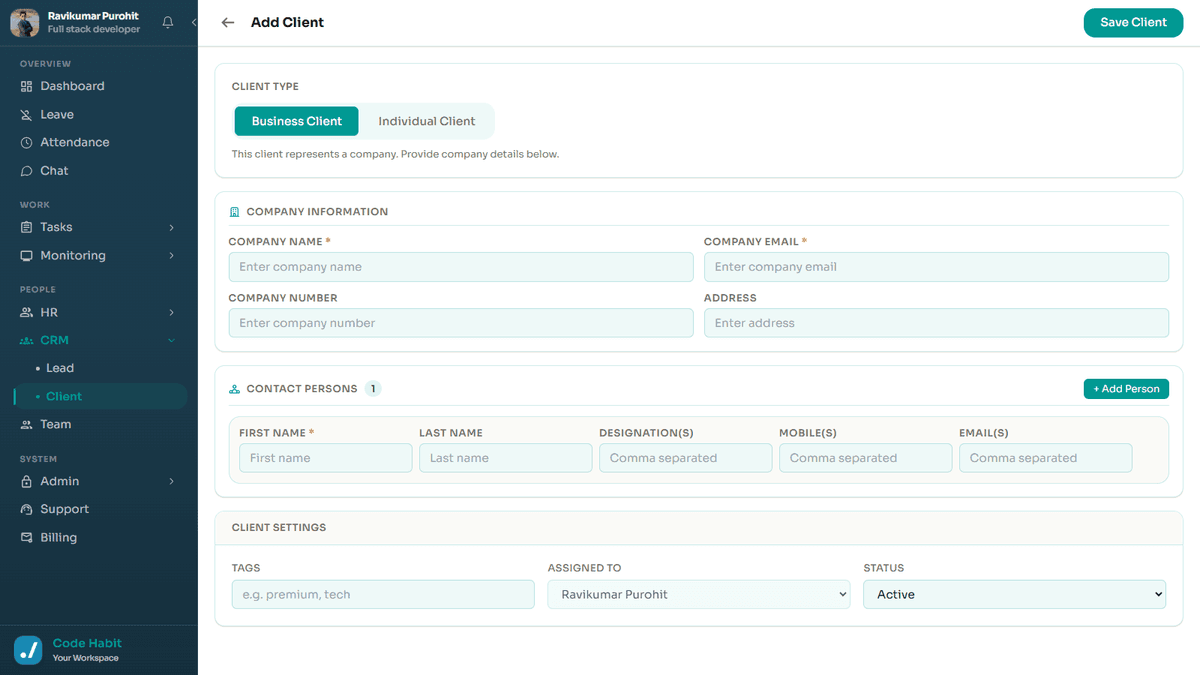TrackHabit add new client form