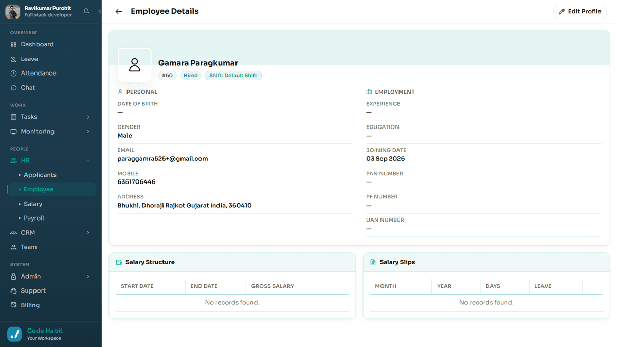 TrackHabit employee details and records