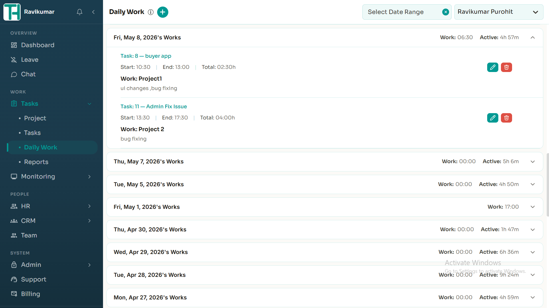 Daily work log dashboard