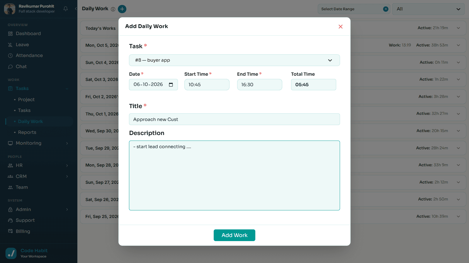 Daily work log dashboard