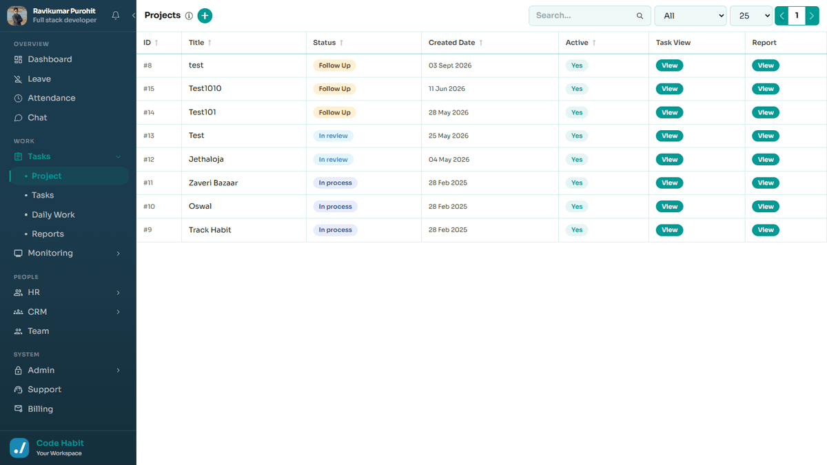 TrackHabit project list view